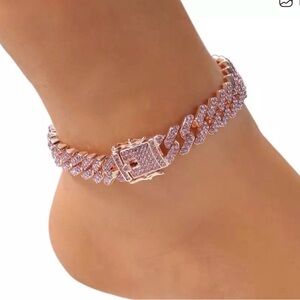 Rose Gold Crystal Cuban Link Anklet 9inch